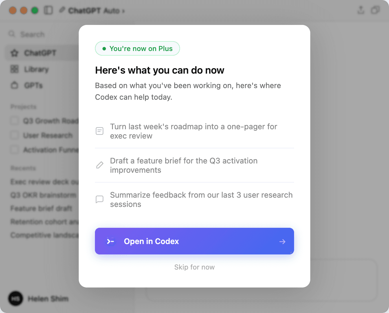 Post-upgrade upsell modal surfacing personalized Codex prompts