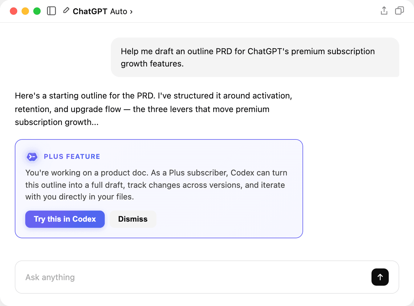 In-chat nudge surfacing Codex to a Plus subscriber mid-workflow