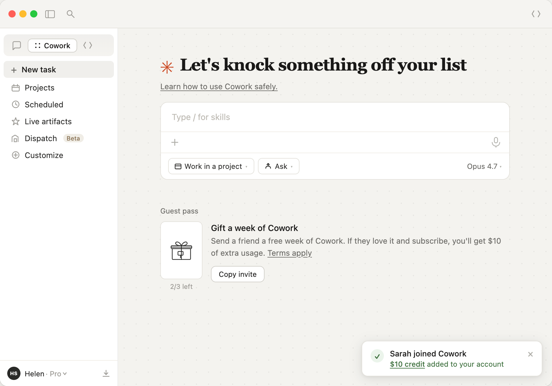 Cowork app showing in-app toast: Sarah joined Cowork, $10 credit added to your account