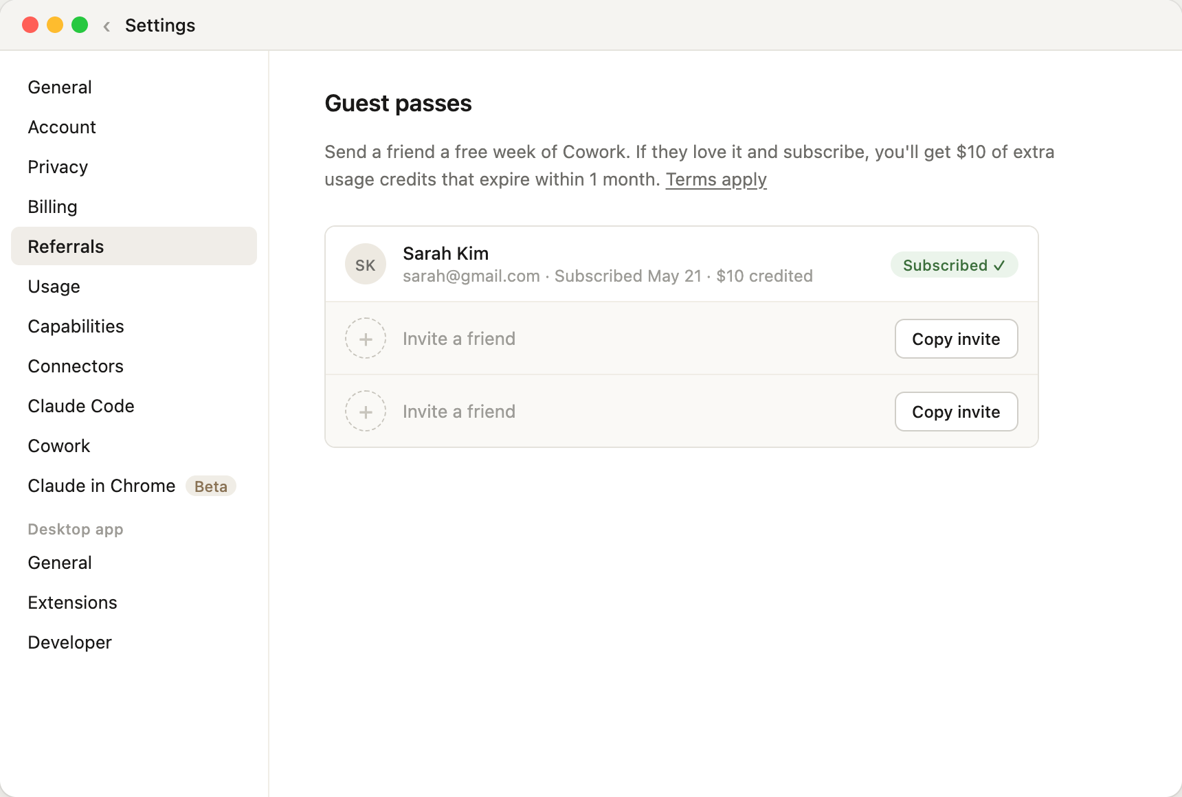 Settings > Referrals showing Sarah Kim subscribed with $10 credited