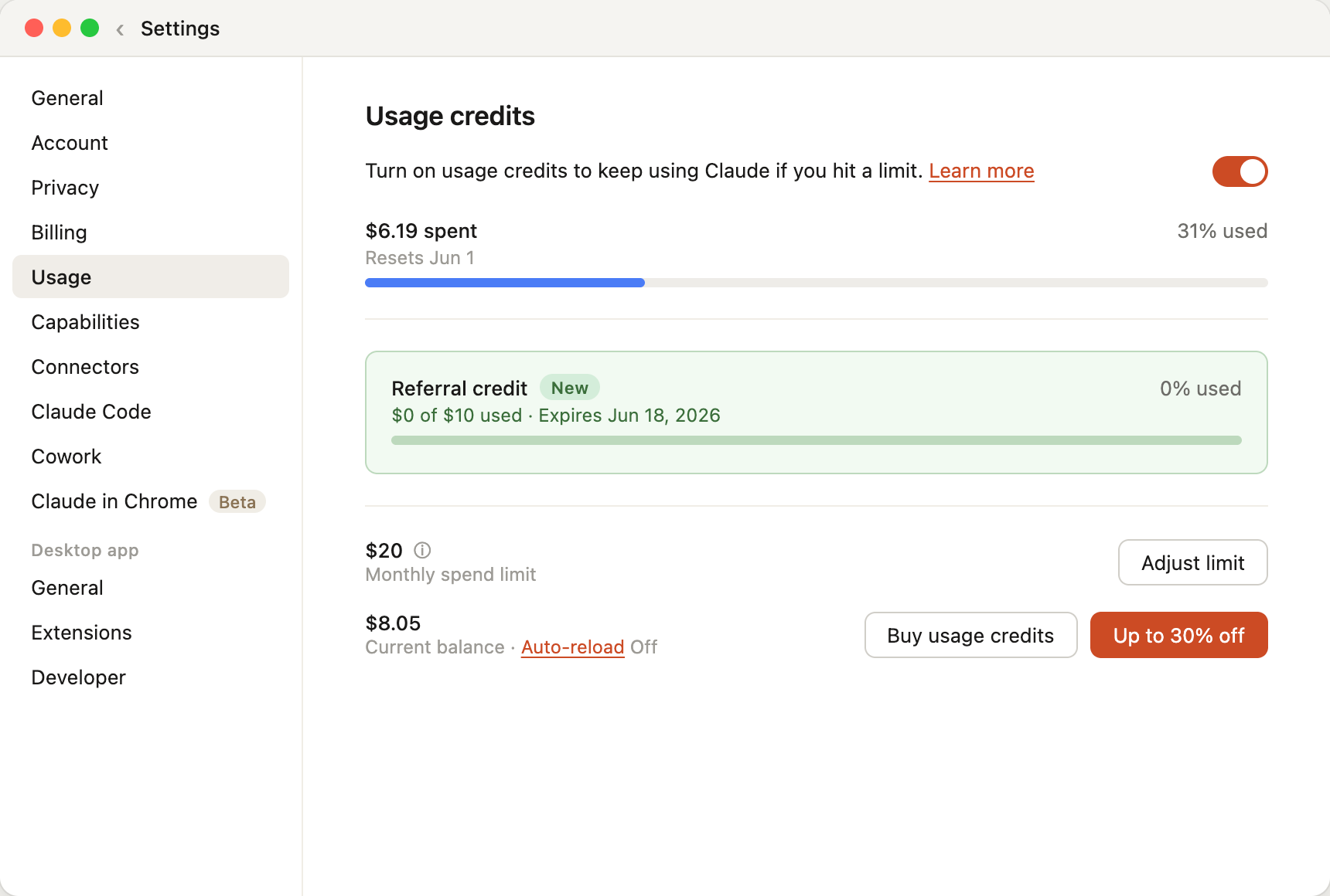 Settings > Usage showing referral credit: $0 of $10 used, expires Jun 18 2026