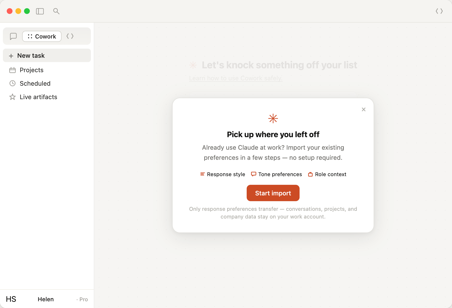 Cowork app showing memory import upsell modal: Pick up where you left off