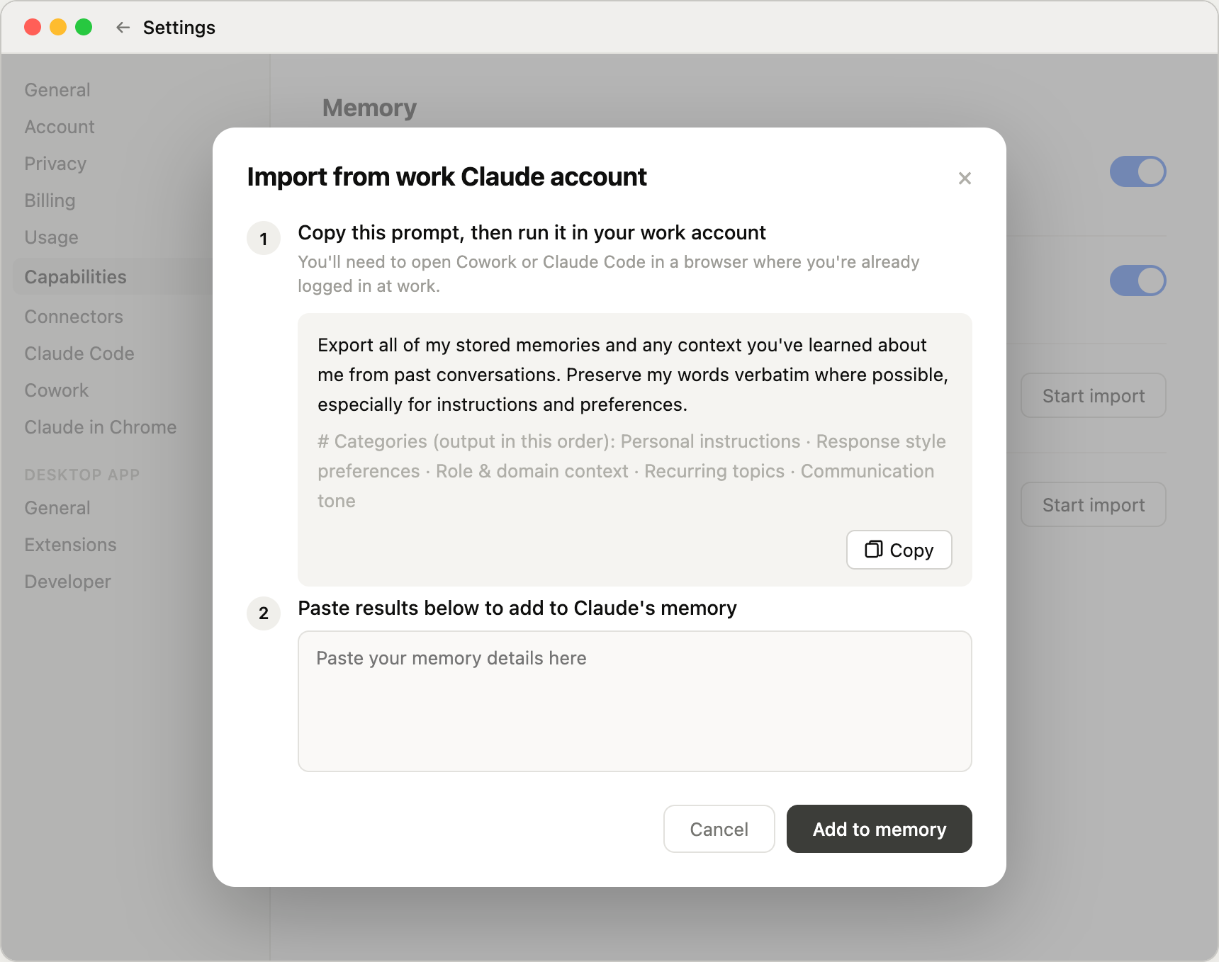 Import from work Claude account modal showing 2-step copy-paste flow