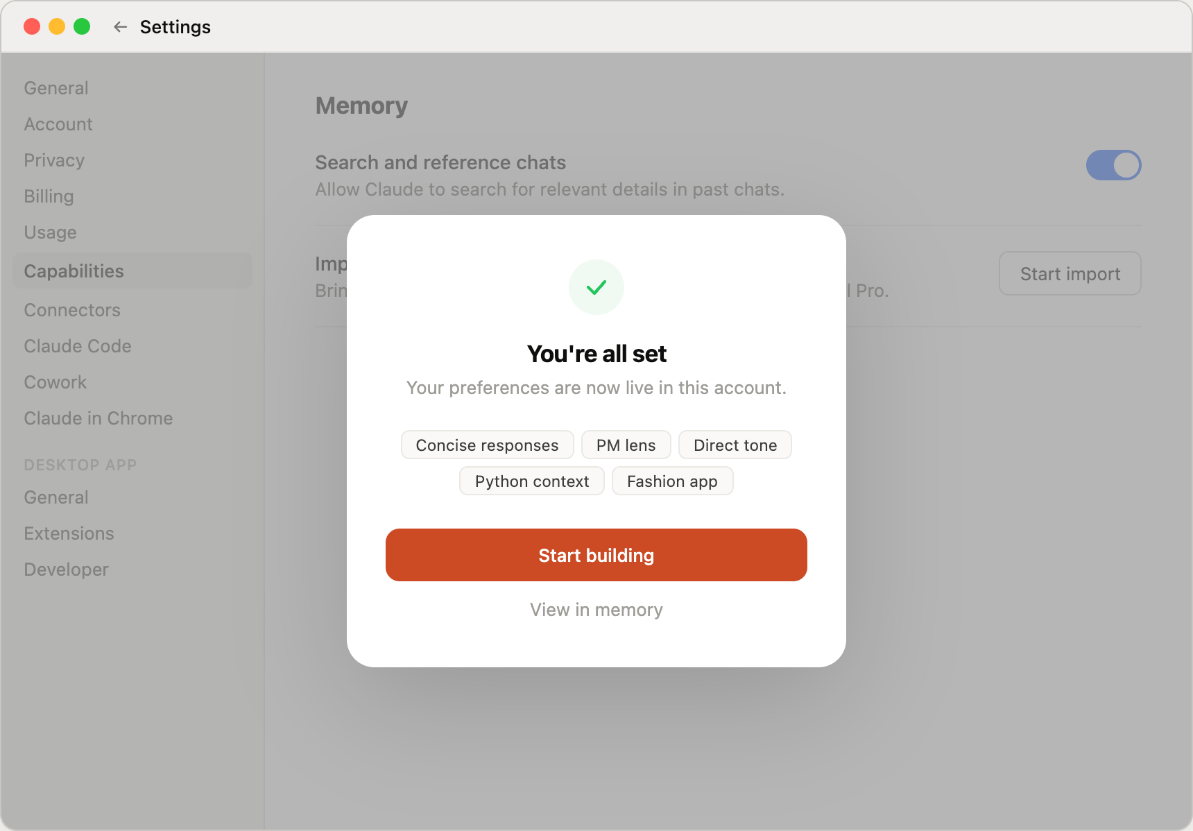 Success state: You're all set — preferences including Fashion app now live in personal account