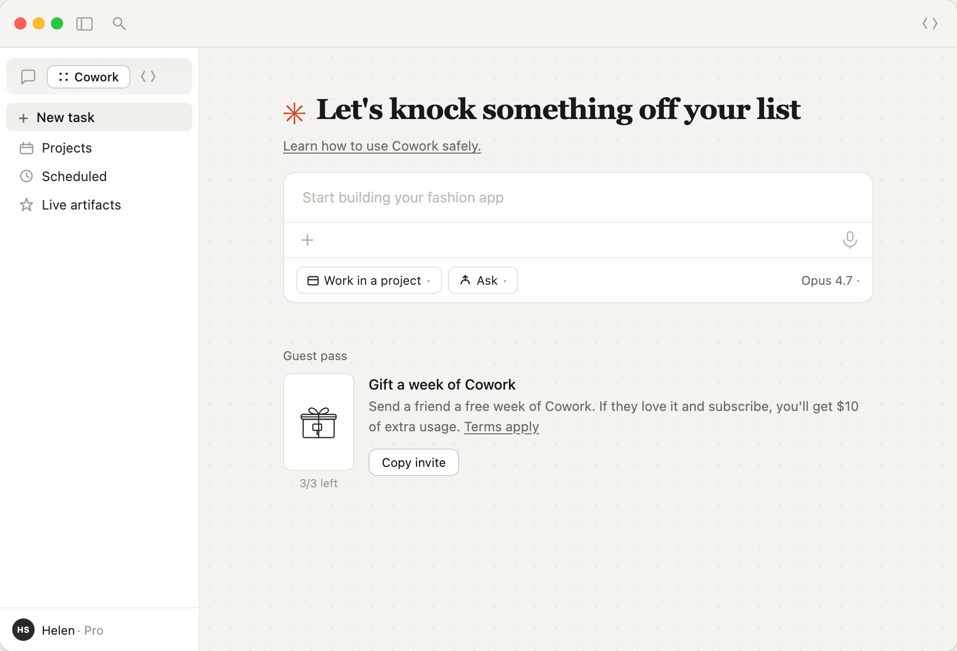 Cowork home with placeholder: Start building your fashion app