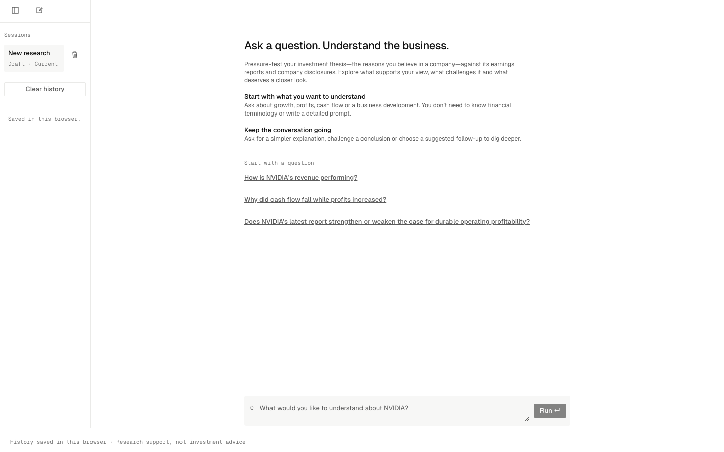 Financial Research Agent workspace with suggested research questions and a question input
